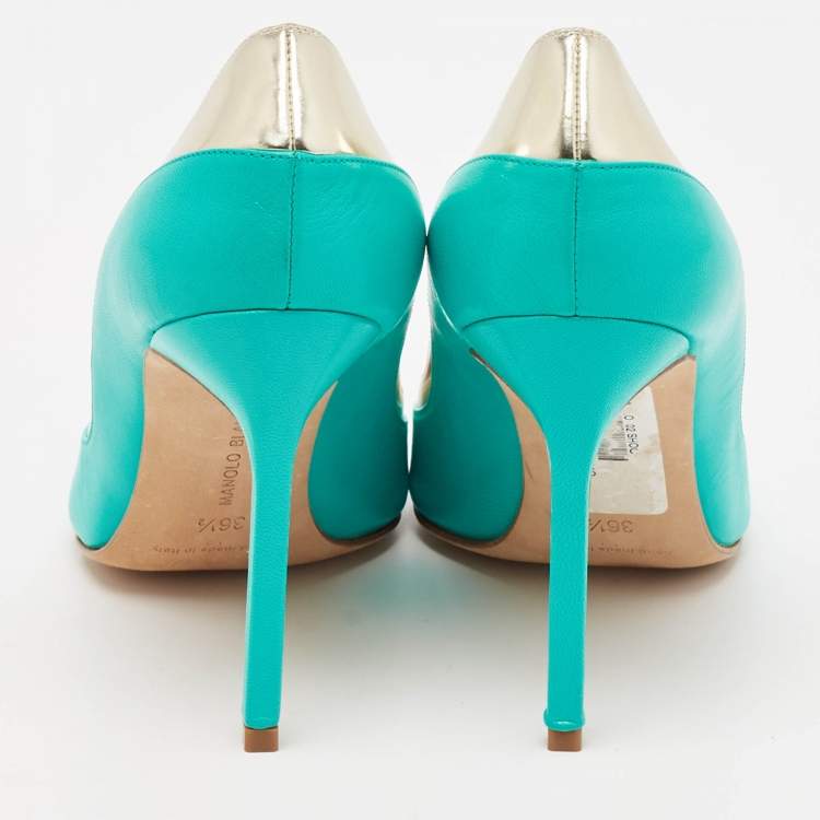 Pre Owned Manolo Blahnik Turquoise Blue Leather Pertati Pointed Toe Pumps Size 36.5