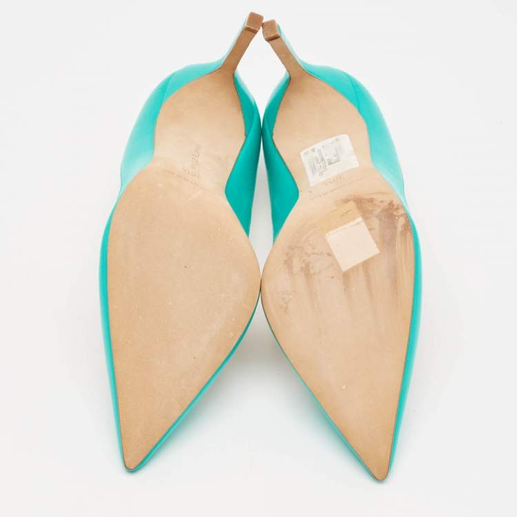Pre Owned Manolo Blahnik Turquoise Blue Leather Pertati Pointed Toe Pumps Size 36.5