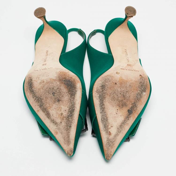 Pre Owned Manolo Blahnik Green Satin Dolores Slingback Pumps Size 39