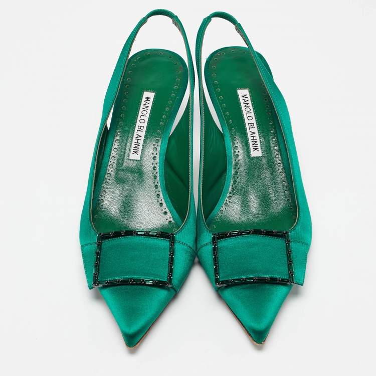 Pre Owned Manolo Blahnik Green Satin Dolores Slingback Pumps Size 39
