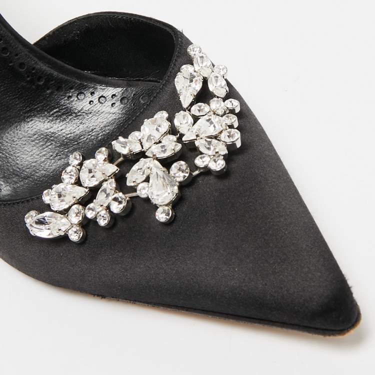 Pre Owned Manolo Blahnik Black Satin Crystal Embellished Lurum Mules Size 40