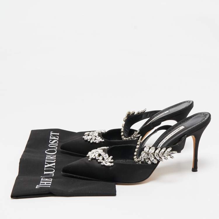Pre Owned Manolo Blahnik Black Satin Crystal Embellished Lurum Mules Size 40