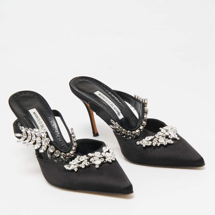 Pre Owned Manolo Blahnik Black Satin Crystal Embellished Lurum Mules Size 40