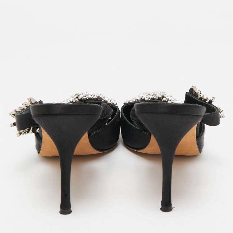 Pre Owned Manolo Blahnik Black Satin Crystal Embellished Lurum Mules Size 40
