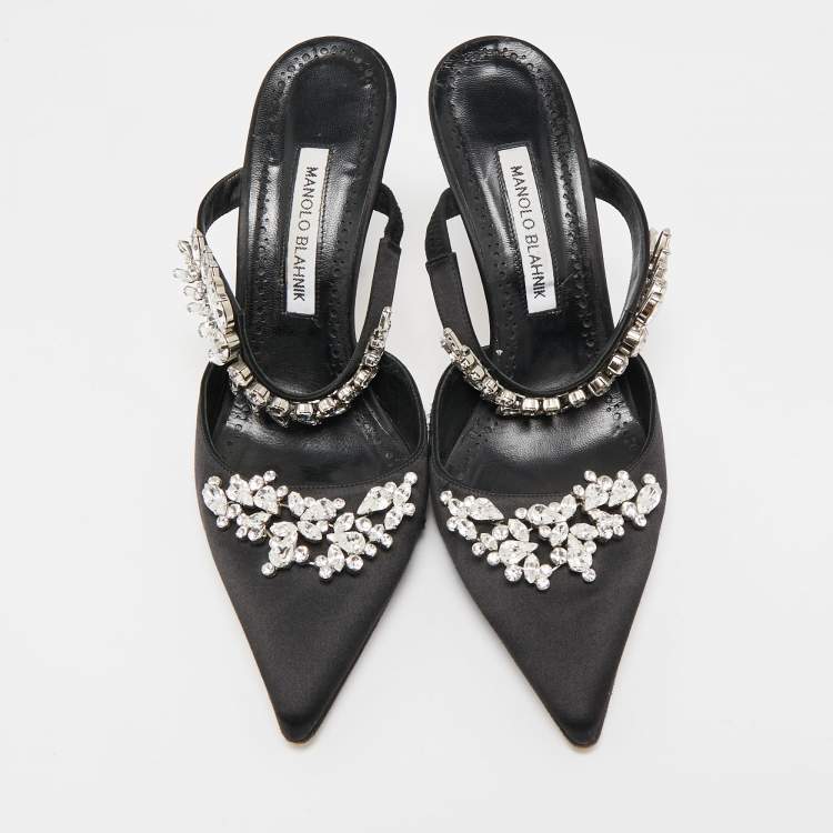 Pre Owned Manolo Blahnik Black Satin Crystal Embellished Lurum Mules Size 40