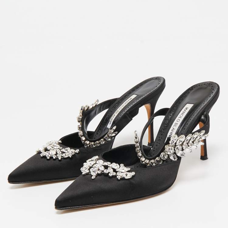 Pre Owned Manolo Blahnik Black Satin Crystal Embellished Lurum Mules Size 40