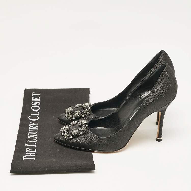 Pre Owned Manolo Blahnik Black Glitter Fabric Hangisi Pumps Size 37