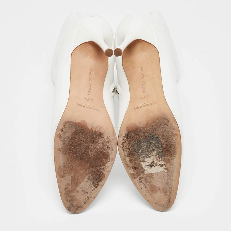 Pre Owned Manolo Blahnik White Leather Ankle Boots Size 36.5