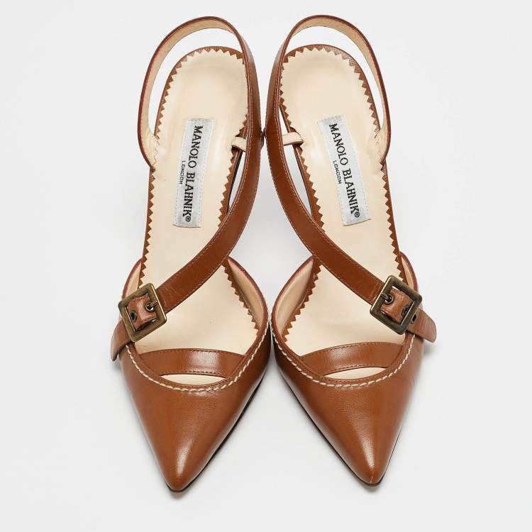 Pre Owned Manolo Blahnik Tan Leather Buckle Strap Pointed Toe Pumps Size 37