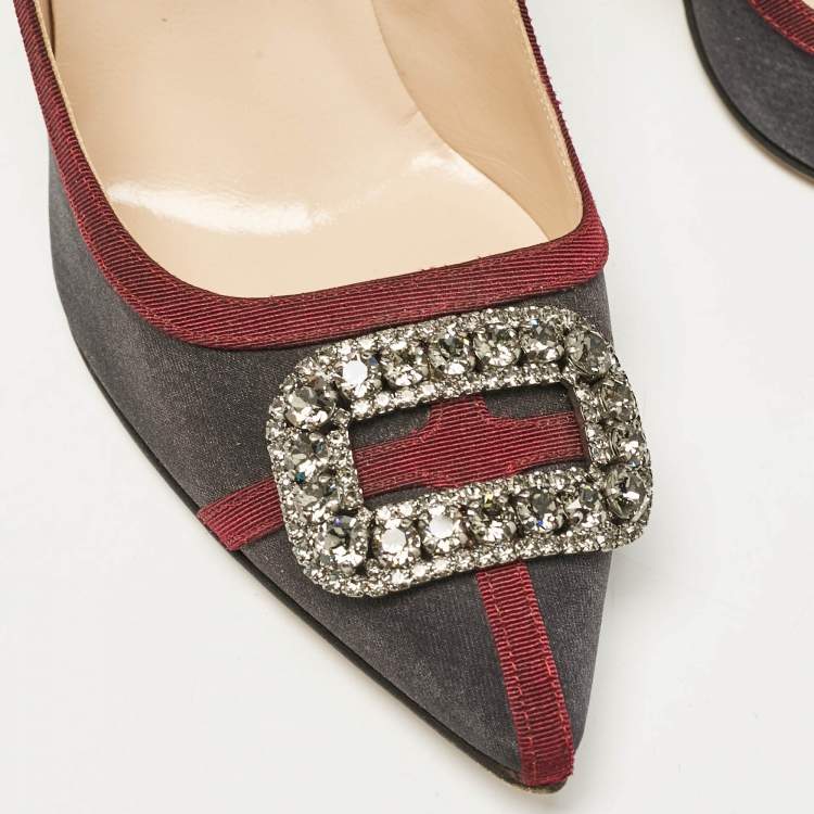 Pre Owned Manolo Blahnik Grey/Burgundy Satin Crystal Gotrian Pumps Size 42