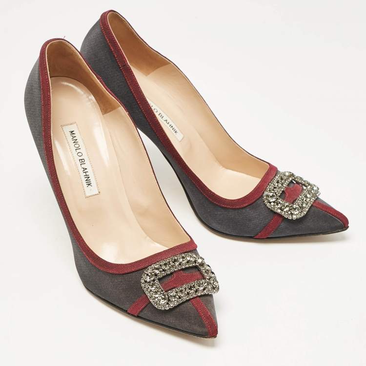 Pre Owned Manolo Blahnik Grey/Burgundy Satin Crystal Gotrian Pumps Size 42