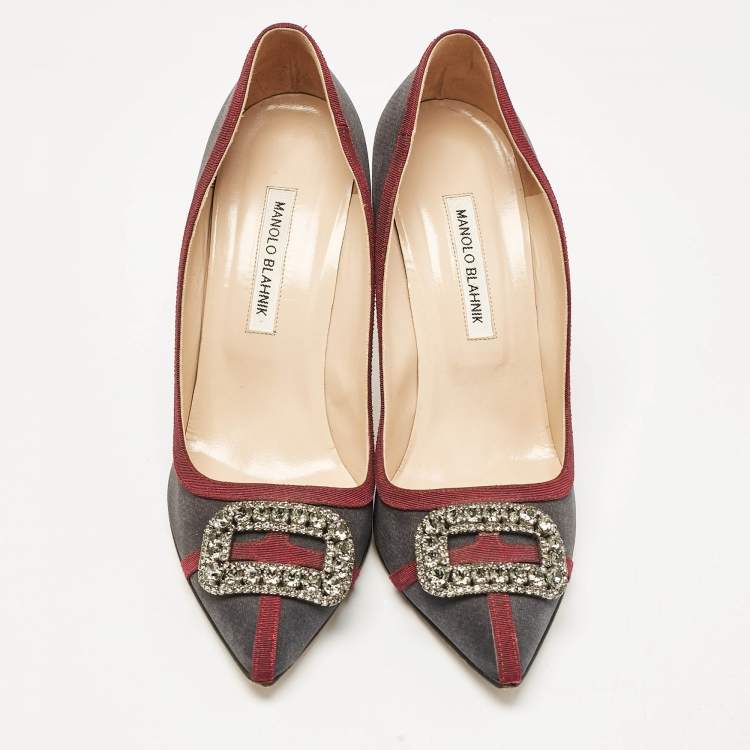 Pre Owned Manolo Blahnik Grey/Burgundy Satin Crystal Gotrian Pumps Size 42