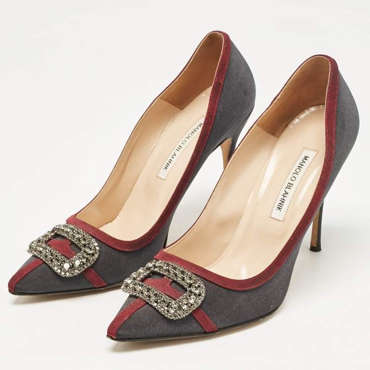 Pre Owned Manolo Blahnik Grey/Burgundy Satin Crystal Gotrian Pumps Size 42