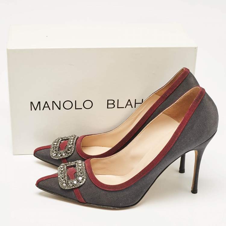 Pre Owned Manolo Blahnik Grey/Burgundy Satin Crystal Gotrian Pumps Size 42
