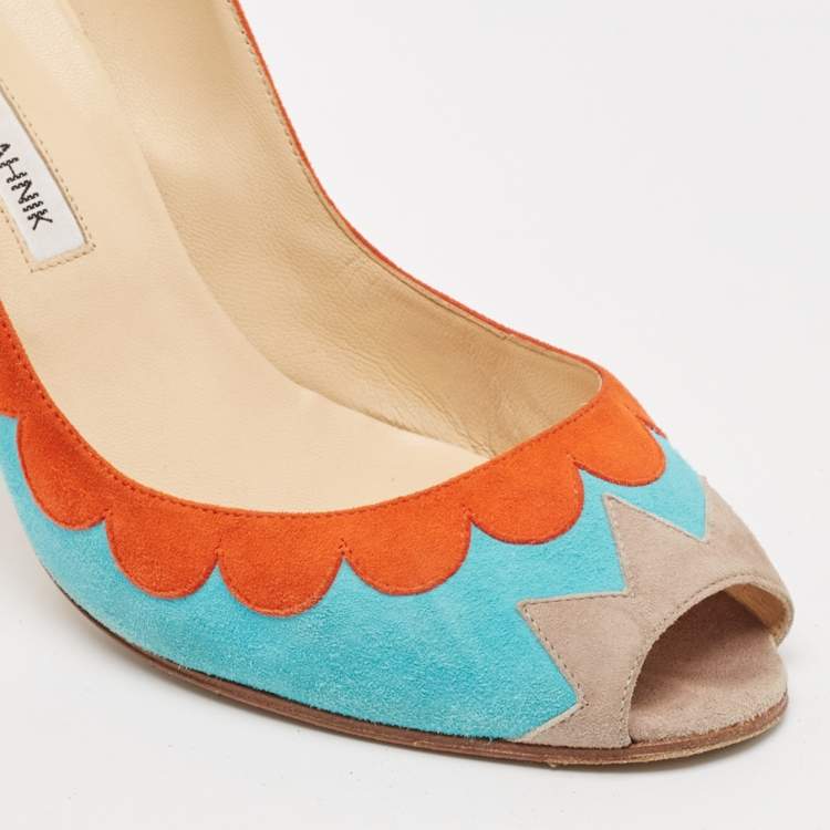 Pre Owned Manolo Blahnik Blue/Orange Suede Peep Toe Pumps Size 41