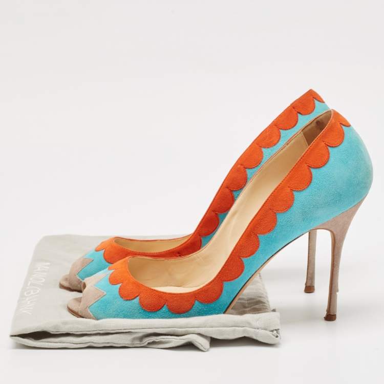 Pre Owned Manolo Blahnik Blue/Orange Suede Peep Toe Pumps Size 41