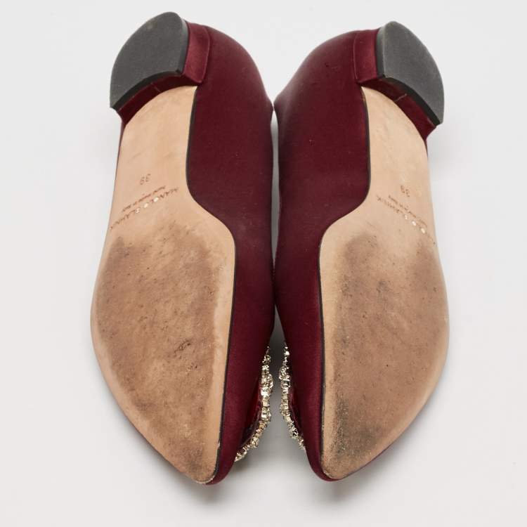 مملوكة مسبقًا Manolo Blahnik Burgundy Satin Hangisi Ballet Flats Size 39