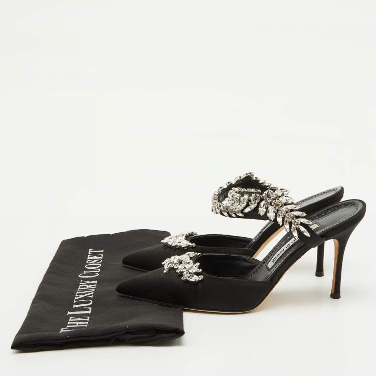 Pre Owned Manolo Blahnik Black Satin Crystal Embellished Lurum Pointed Toe Mules Size 38