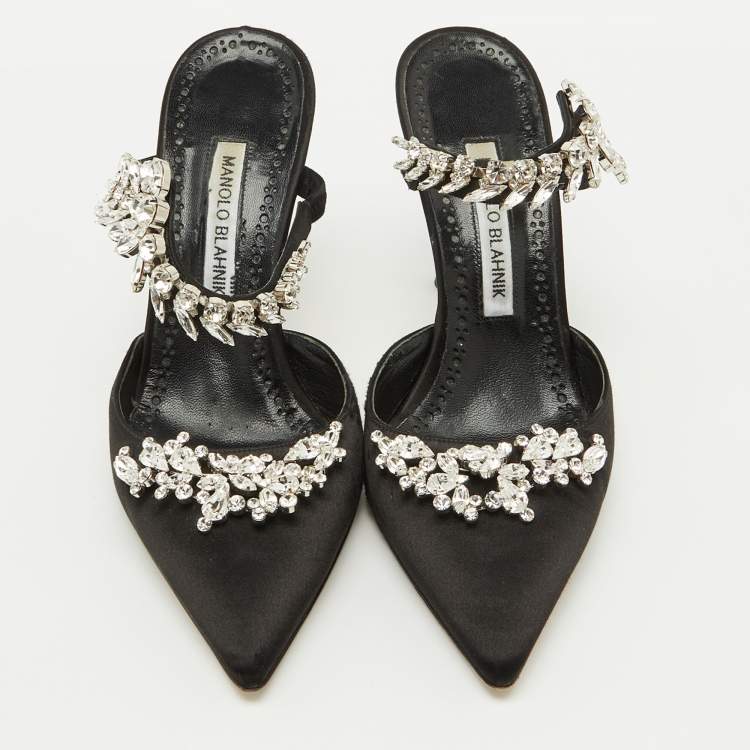 Pre Owned Manolo Blahnik Black Satin Crystal Embellished Lurum Pointed Toe Mules Size 38