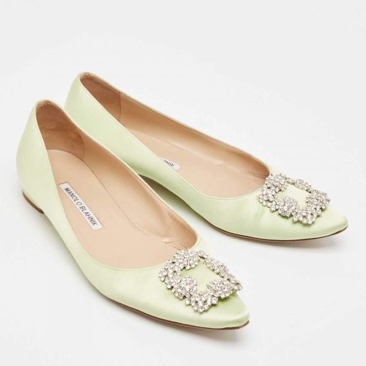 Pre Owned Manolo Blahnik Light Green Satin Hangisi Ballet Flats Size 38