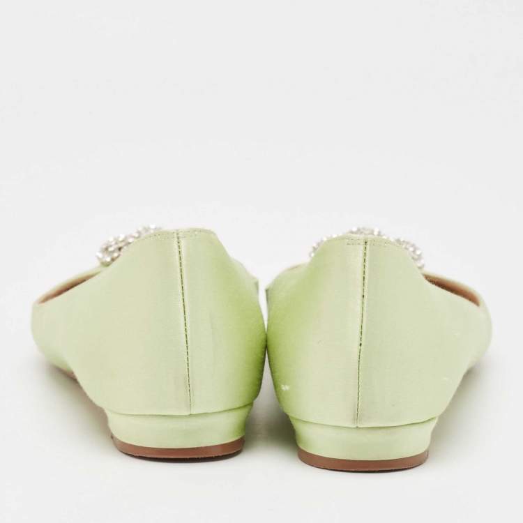 Pre Owned Manolo Blahnik Light Green Satin Hangisi Ballet Flats Size 38