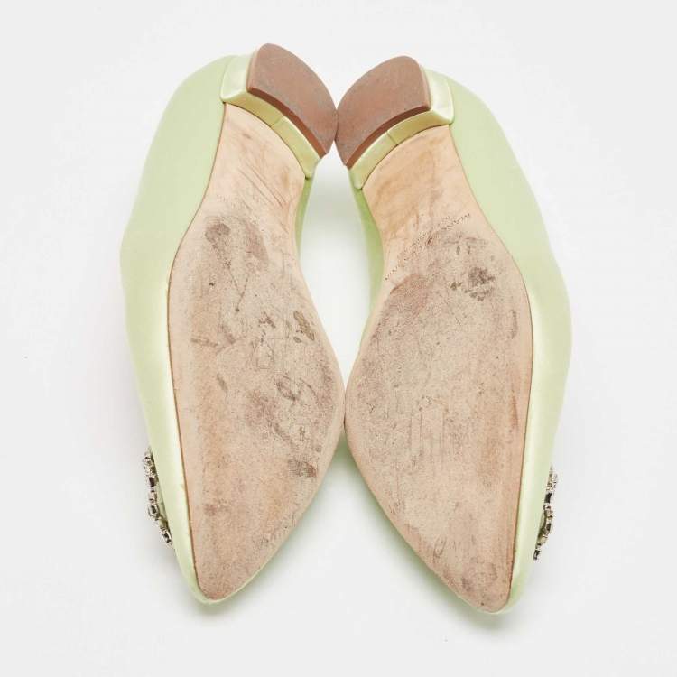 Pre Owned Manolo Blahnik Light Green Satin Hangisi Ballet Flats Size 38