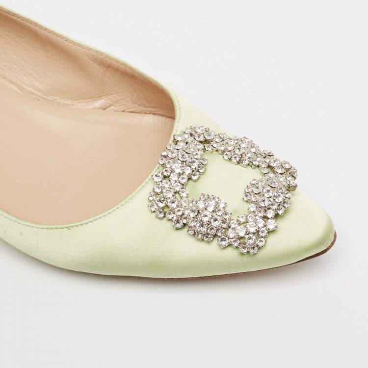 Pre Owned Manolo Blahnik Light Green Satin Hangisi Ballet Flats Size 38