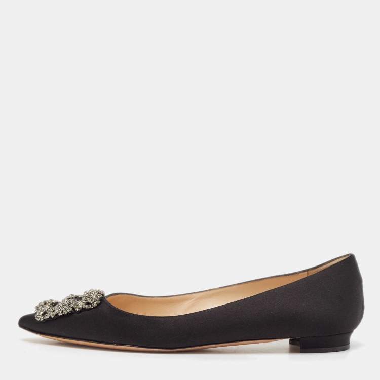 Pre Owned Manolo Blahnik Black Satin Hangisi Ballet Flats Size 37.5