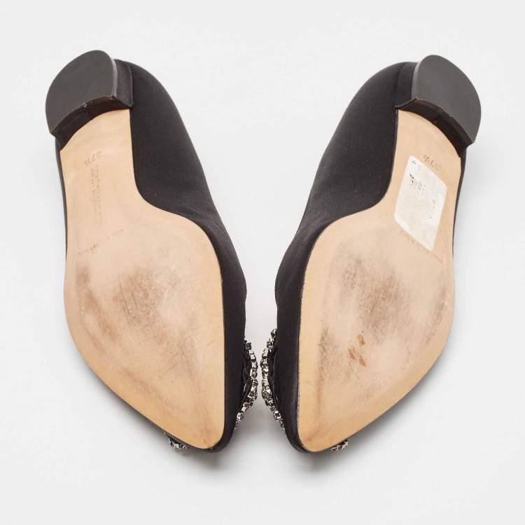 Pre Owned Manolo Blahnik Black Satin Hangisi Ballet Flats Size 37.5