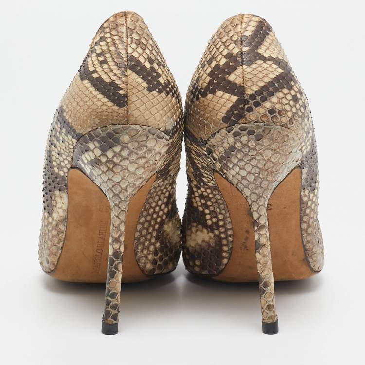Pre Owned Manolo Blahnik Brown/Beige Python Leather BB Pointed Toe Pumps Size 38