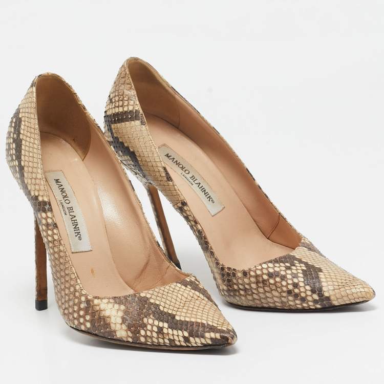 Pre Owned Manolo Blahnik Brown/Beige Python Leather BB Pointed Toe Pumps Size 38