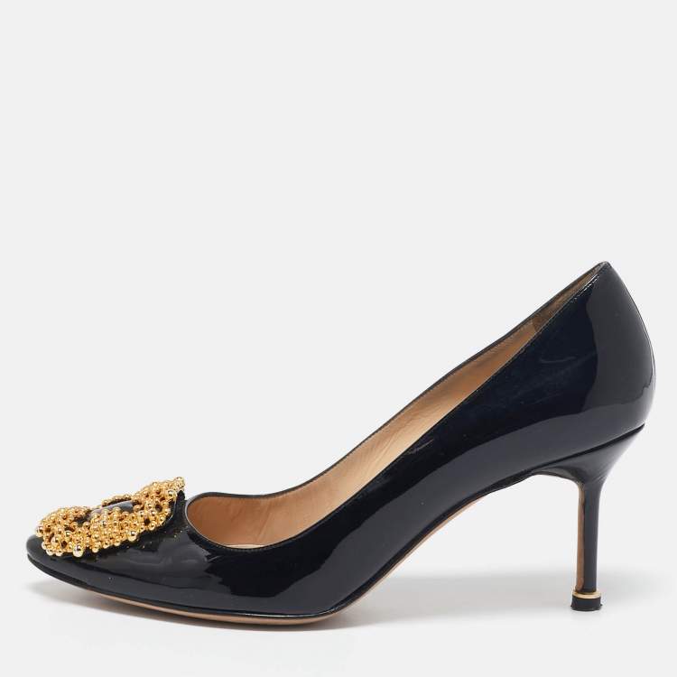 Pre Owned Manolo Blahnik Black Patent Leather Hangisi Pumps Size 37.5