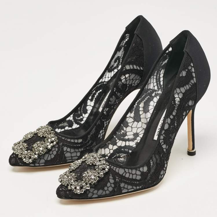 Pre Owned Manolo Blahnik Black Lace and Satin Hangisi Crystal Embellished Pumps Size 36.5