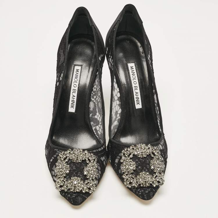 Pre Owned Manolo Blahnik Black Lace and Satin Hangisi Crystal Embellished Pumps Size 36.5
