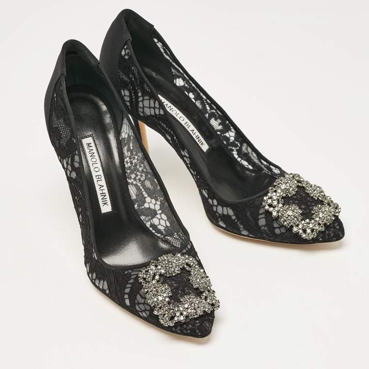 Pre Owned Manolo Blahnik Black Lace and Satin Hangisi Crystal Embellished Pumps Size 36.5