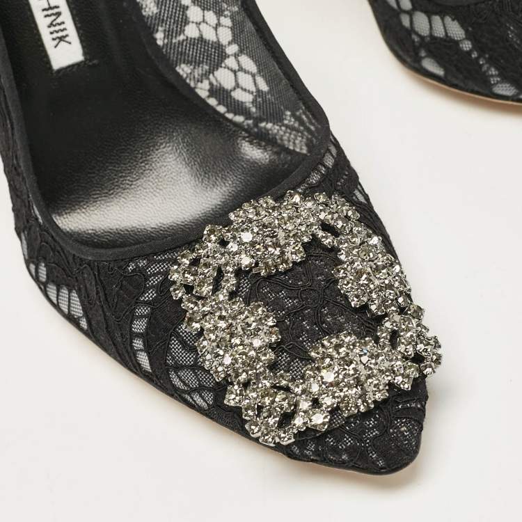 Pre Owned Manolo Blahnik Black Lace and Satin Hangisi Crystal Embellished Pumps Size 36.5
