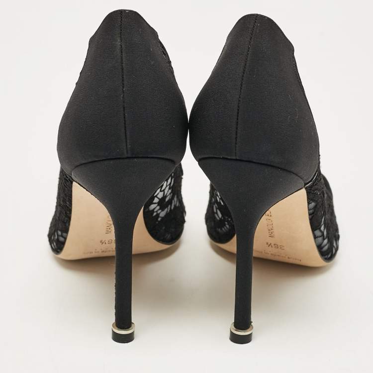 Pre Owned Manolo Blahnik Black Lace and Satin Hangisi Crystal Embellished Pumps Size 36.5