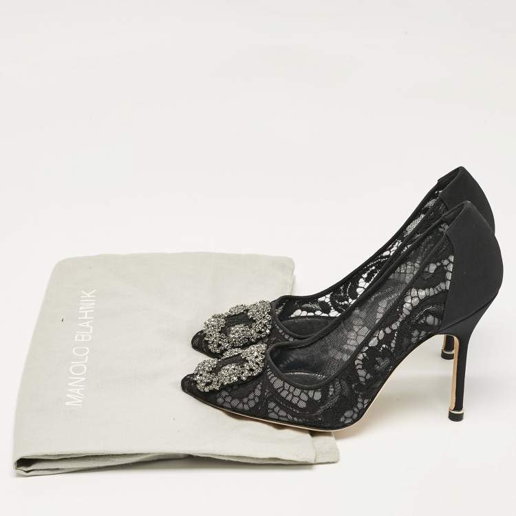 Pre Owned Manolo Blahnik Black Lace and Satin Hangisi Crystal Embellished Pumps Size 36.5