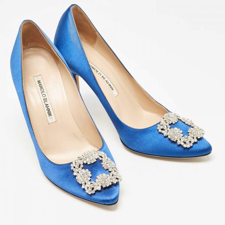 Pre Owned Manolo Blahnik Blue Satin Hangisi Pumps Size 38.5
