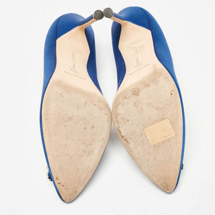 Pre Owned Manolo Blahnik Blue Satin Hangisi Pumps Size 38.5