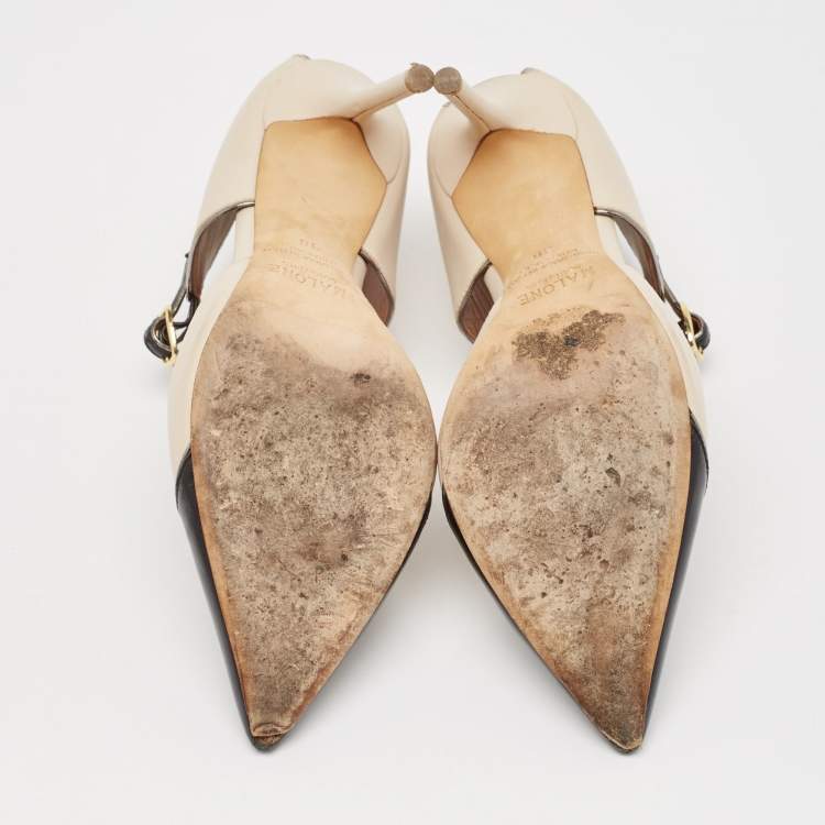Pre Owned Manolo Blahnik Cream/Black Leather Assala 105 Pumps Size 38