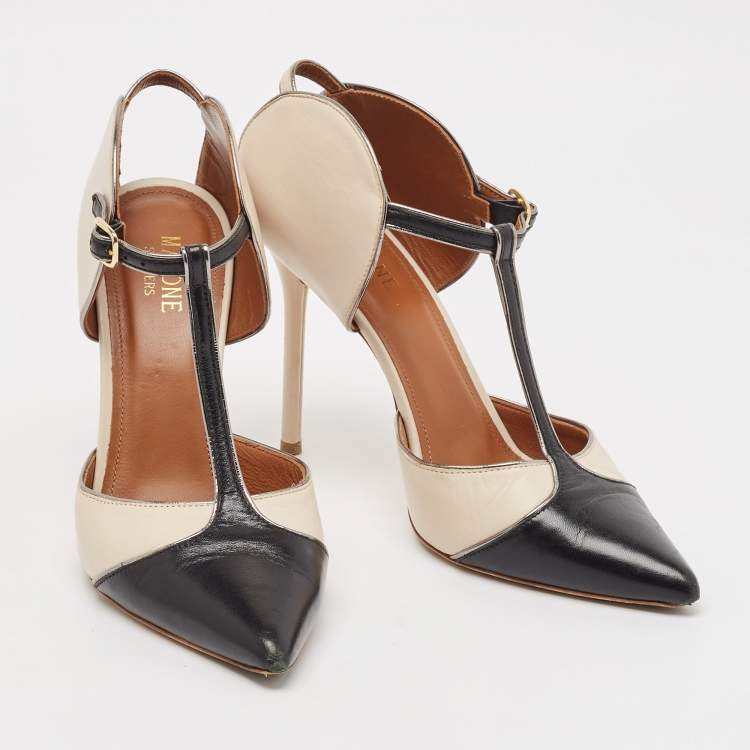Pre Owned Manolo Blahnik Cream/Black Leather Assala 105 Pumps Size 38