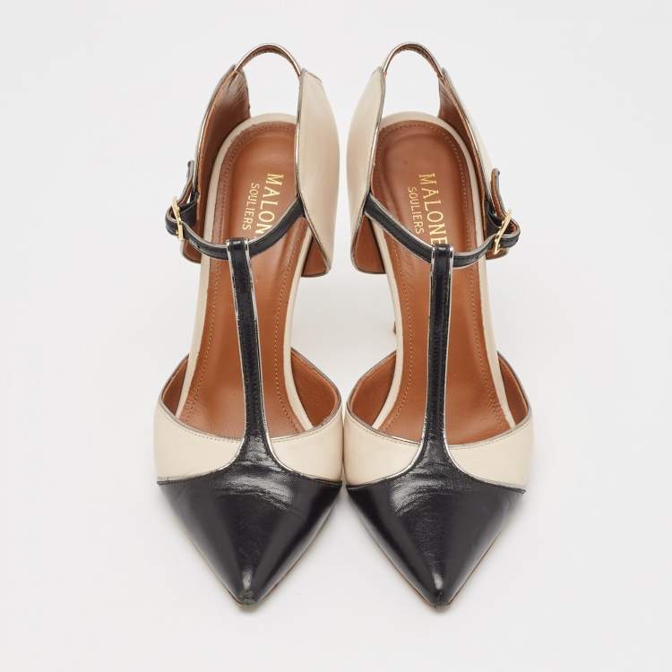 Pre Owned Manolo Blahnik Cream/Black Leather Assala 105 Pumps Size 38