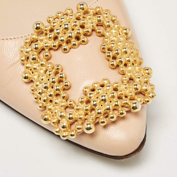 مملوكة مسبقًا Manolo Blahnik Beige Leather Hangisi Ballet Flats Size 38.5