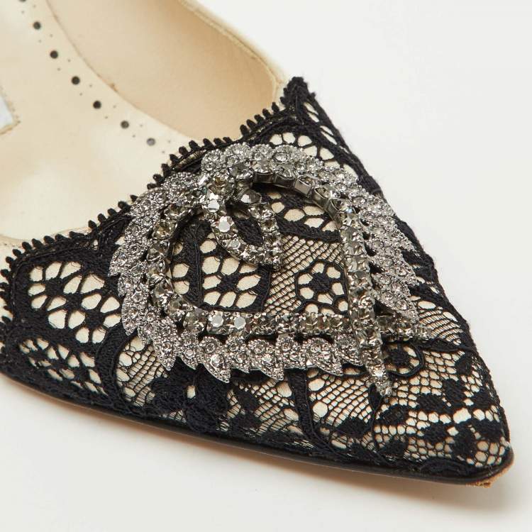 Pre Owned Manolo Blahnik Pearl White/Black Satin and Lace Gerontiushi Pumps Size 36