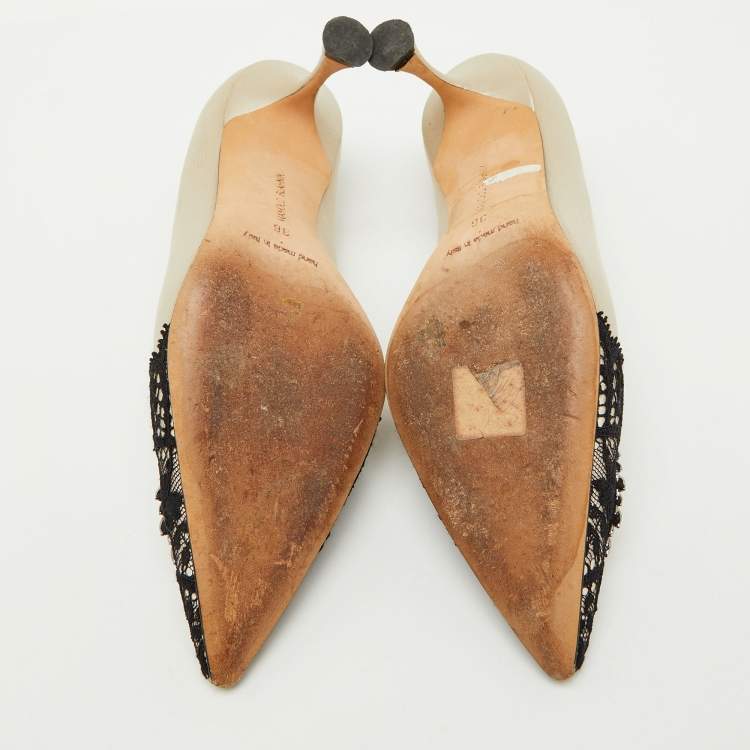 Pre Owned Manolo Blahnik Pearl White/Black Satin and Lace Gerontiushi Pumps Size 36