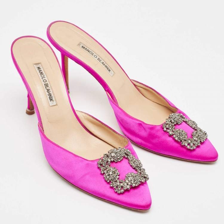 Pre Owned Manolo Blahnik Pink Satin Hangisi Mules Sandals Size 41.5