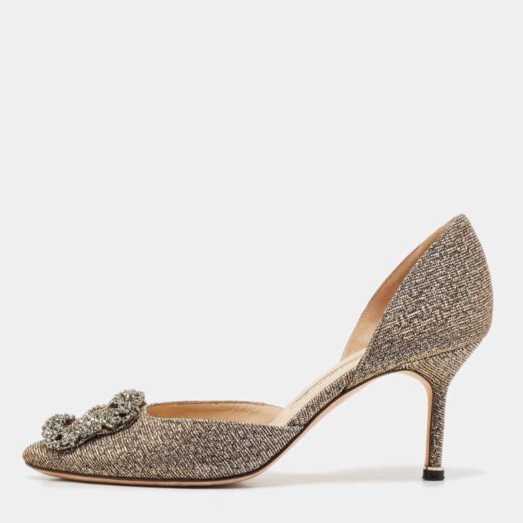 Pre Owned Manolo Blahnik Gold/Silver Lurex Fabric Hangisido Pumps Size 37