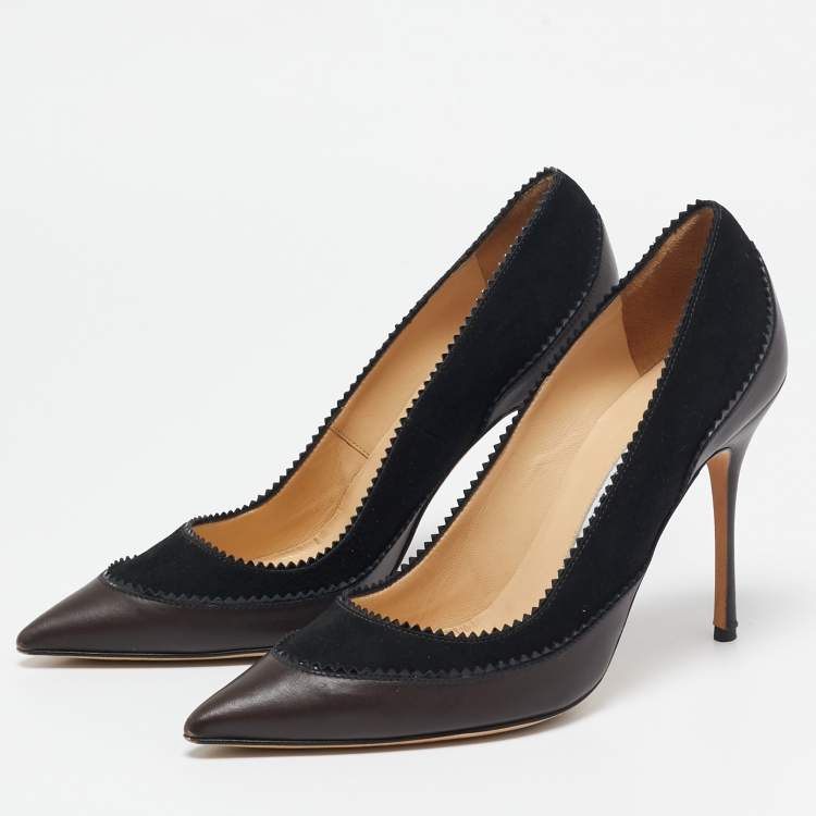 Pre Owned Manolo Blahnik Brown/Black Leather and Suede Pointed Toe Pumps Size 38.5