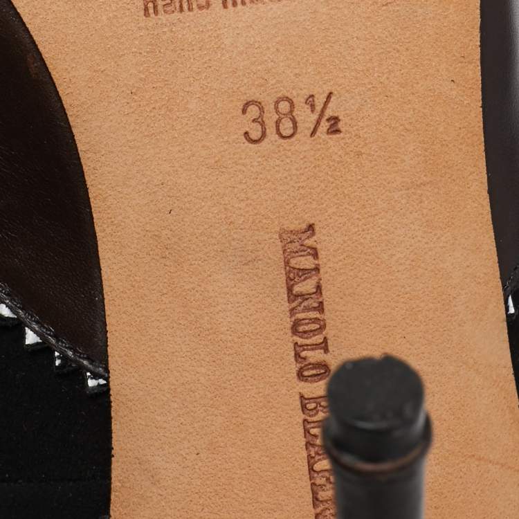 Pre Owned Manolo Blahnik Brown/Black Leather and Suede Pointed Toe Pumps Size 38.5